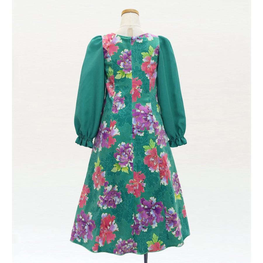 和柄ドレス キッズ ロング丈 ロングスリーブ 牡丹 ターコイズブルー 120・140サイズ JWp007tbl |  | 02