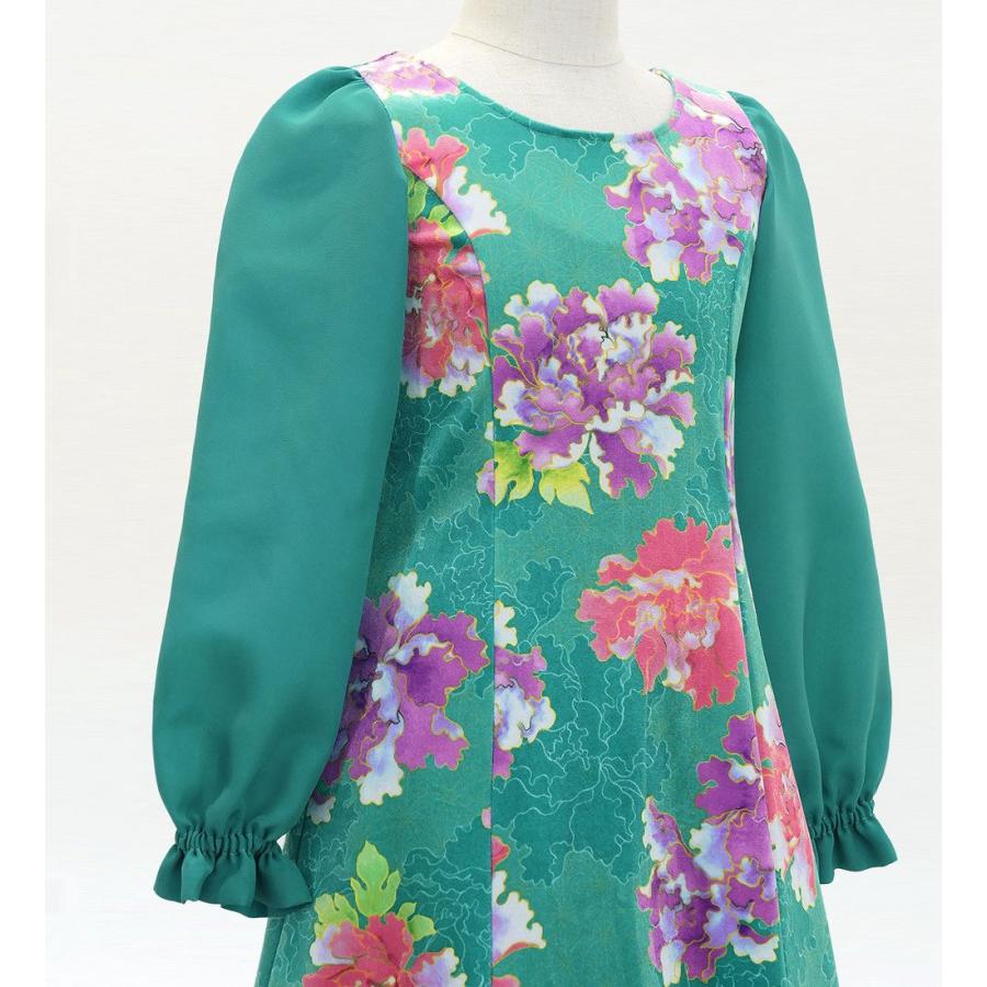 和柄ドレス キッズ ロング丈 ロングスリーブ 牡丹 ターコイズブルー 120・140サイズ JWp007tbl |  | 03