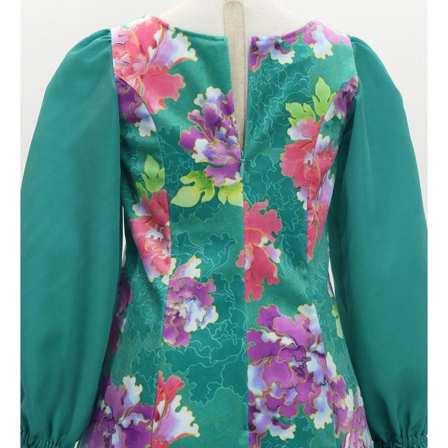 和柄ドレス キッズ ロング丈 ロングスリーブ 牡丹 ターコイズブルー 120・140サイズ JWp007tbl |  | 04