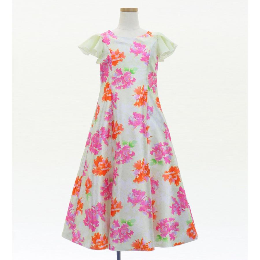 和柄ドレス キッズ ロング丈 重ねフリル袖 ドレス 牡丹 ベージュ 120・140サイズ JWp008be |  | 01