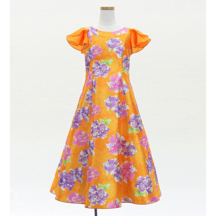 和柄ドレス キッズ ロング丈 重ねフリル袖 ドレス 牡丹 オレンジ（橙） 120・140サイズ JWp008or |  | 01