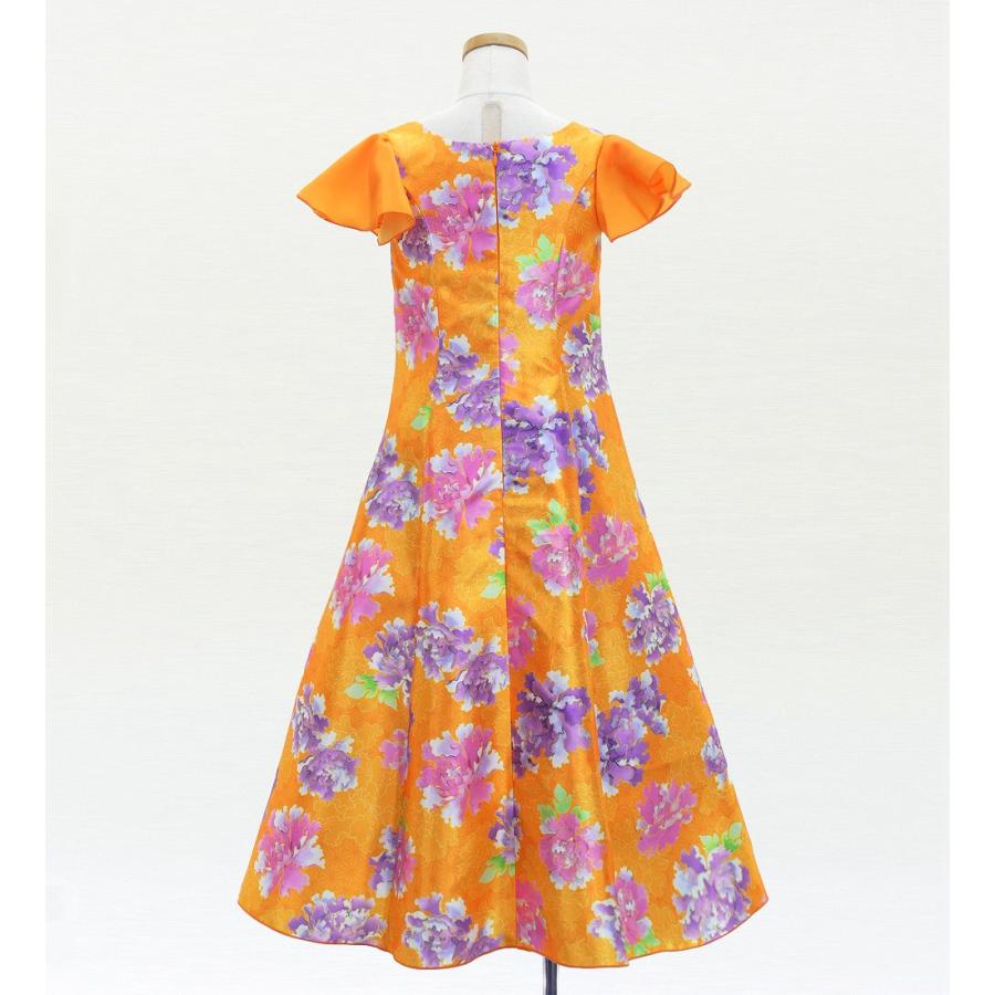 和柄ドレス キッズ ロング丈 重ねフリル袖 ドレス 牡丹 オレンジ（橙） 120・140サイズ JWp008or |  | 02