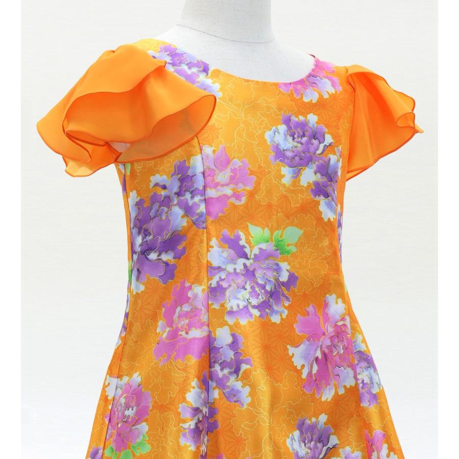 和柄ドレス キッズ ロング丈 重ねフリル袖 ドレス 牡丹 オレンジ（橙） 120・140サイズ JWp008or |  | 03