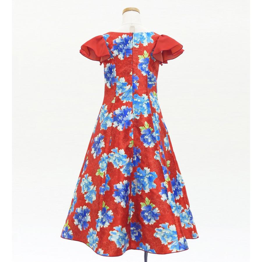 和柄ドレス キッズ ロング丈 重ねフリル袖 ドレス 牡丹 レッド（赤） 120・140サイズ JWp008rd |  | 02