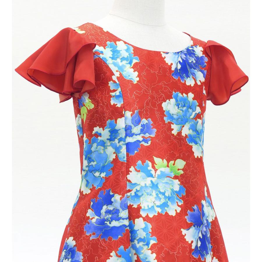 和柄ドレス キッズ ロング丈 重ねフリル袖 ドレス 牡丹 レッド（赤） 120・140サイズ JWp008rd |  | 03