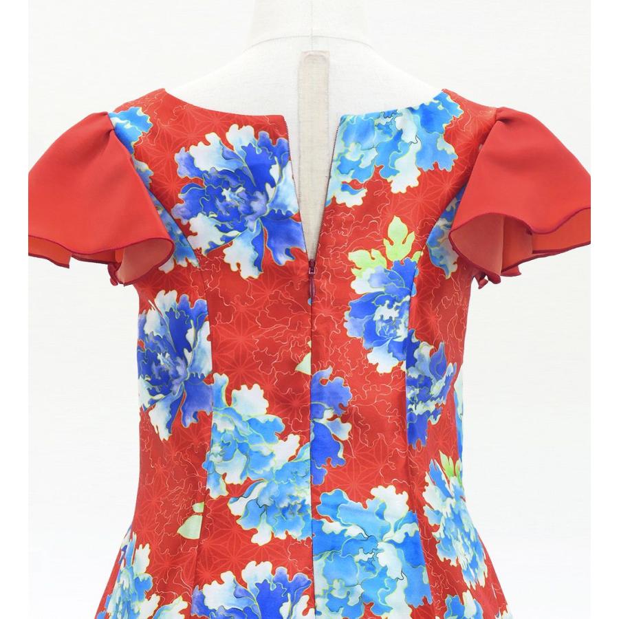 和柄ドレス キッズ ロング丈 重ねフリル袖 ドレス 牡丹 レッド（赤） 120・140サイズ JWp008rd |  | 04