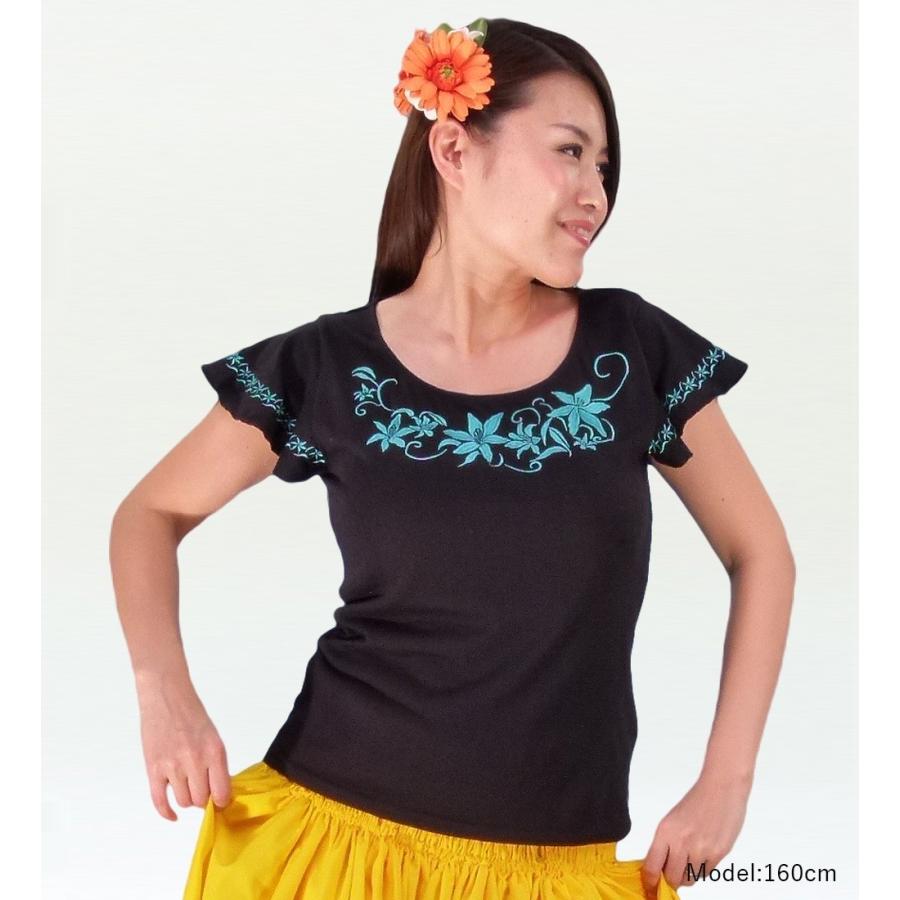 フレンチフリル Tシャツ Ｆ 刺繍ターコイズブルー リリィ ブラック KD4tbbF |  | 01