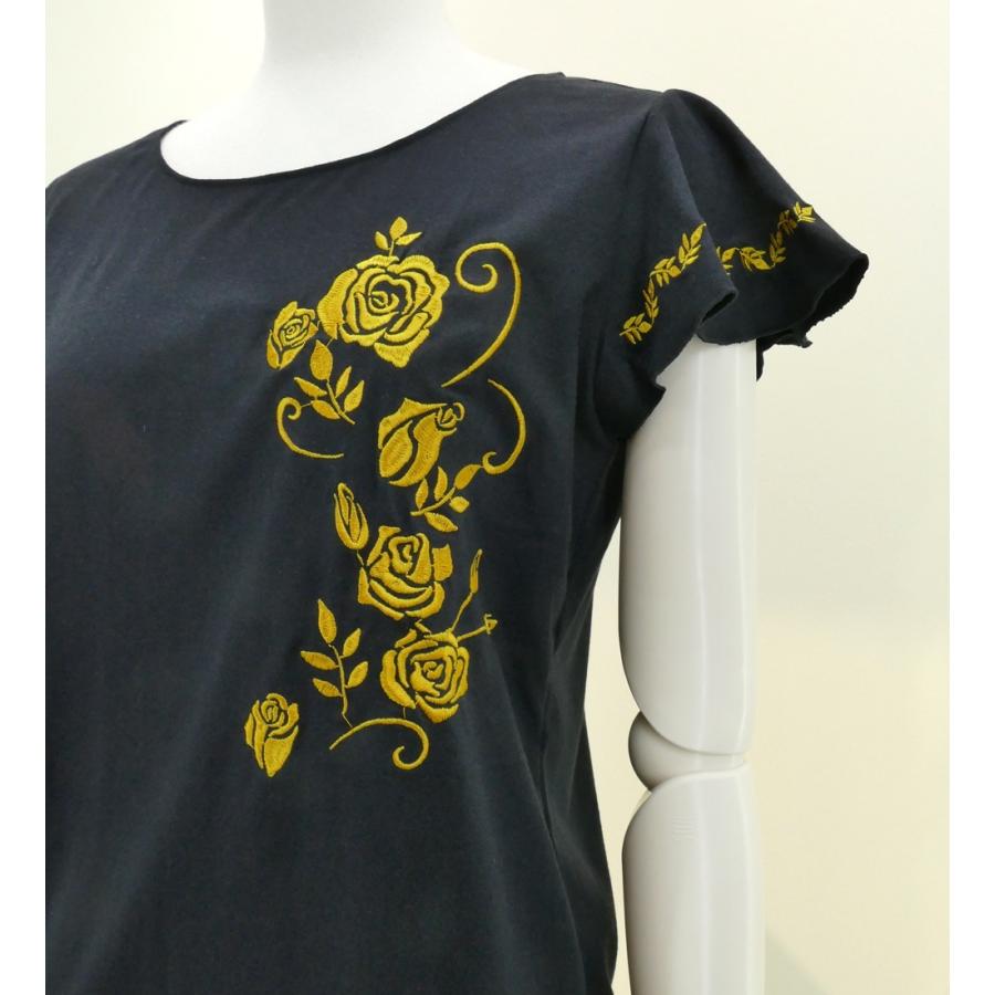 フレンチフリル Tシャツ Ｆ 刺繍ゴールド ローズ ブラック KD8gbFa｜emika｜05