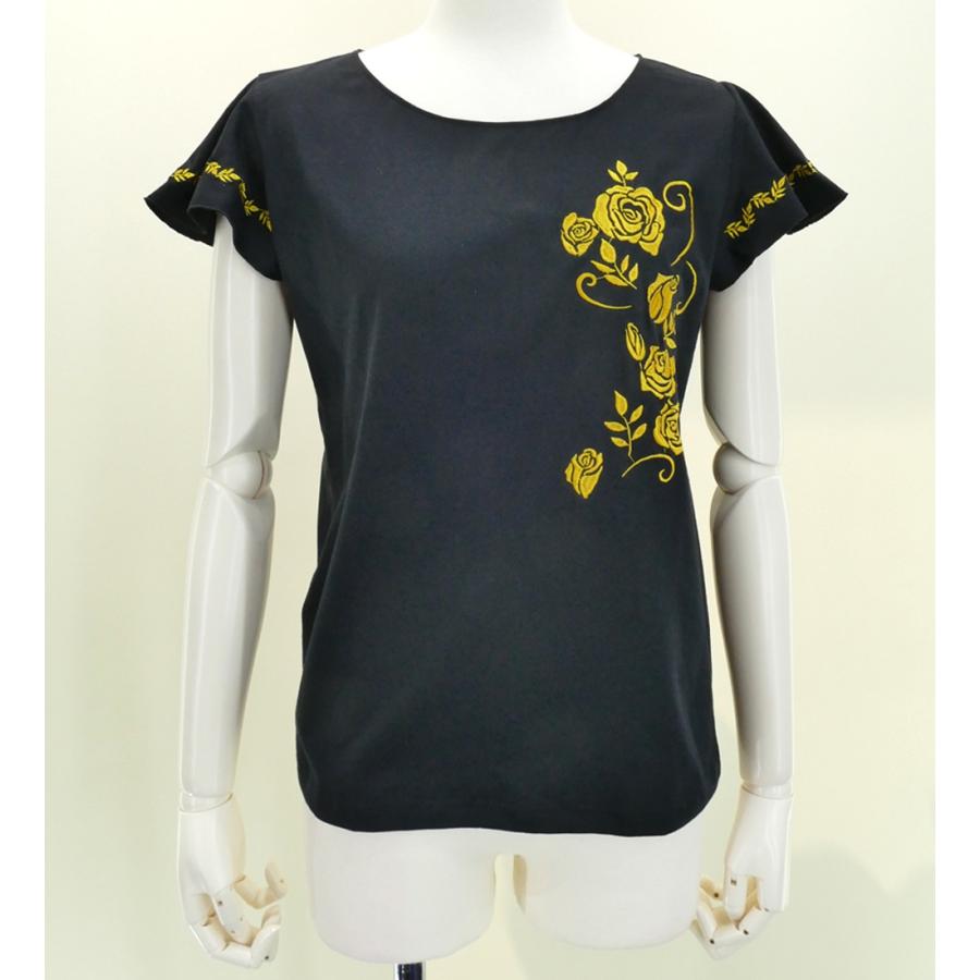 フレンチフリル Tシャツ F 刺繍ゴールド ローズ　ブラック KD8gbFb | 