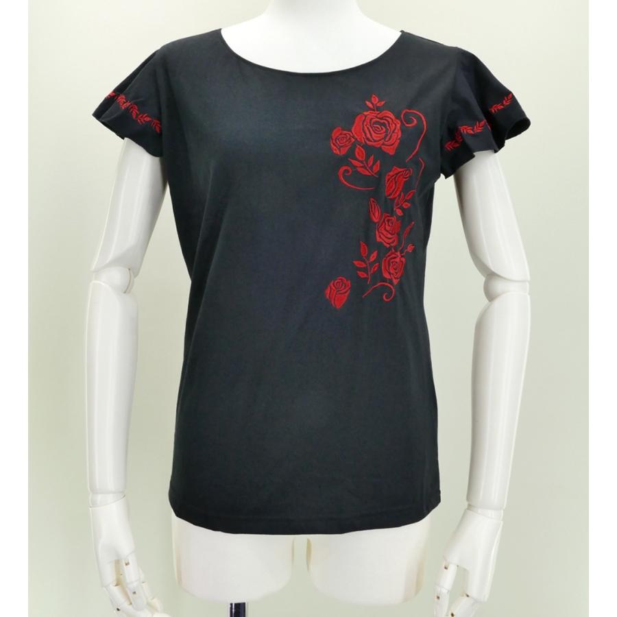 フレンチフリル Tシャツ F 刺繍レッド ローズ　ブラック KD8rbFb | 