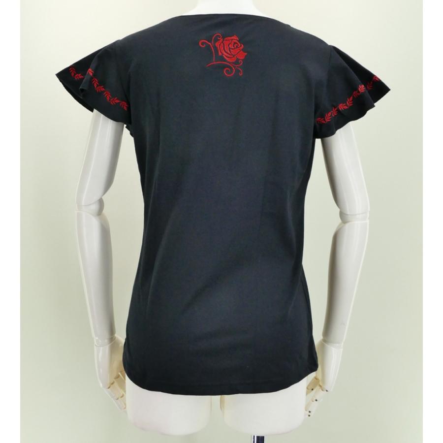 フレンチフリル Tシャツ XL 刺繍レッド ローズ　ブラック KD8rbXLb |  | 02