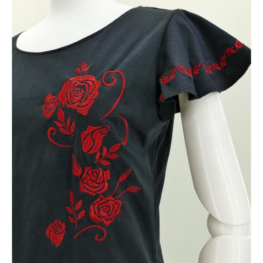 フレンチフリル Tシャツ XL 刺繍レッド ローズ　ブラック KD8rbXLb |  | 03