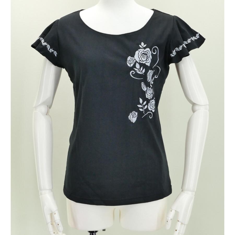 フレンチフリル Tシャツ F 刺繍シルバー ローズ　ブラック KD8sbFb | 