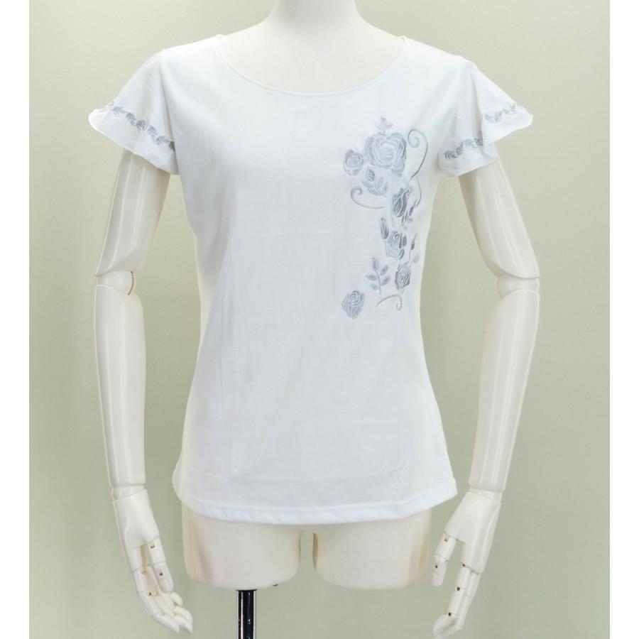 フレンチフリル Tシャツ F 刺繍シルバー ローズ　ホワイト KD8swFb | 