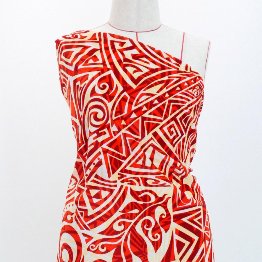 ハワイアン生地 カヒコ柄 コシボ・シャンタン・ストレッチベロア選べる生地 ベージュ×レッド KH-628-BERD 3-5営業日後発送 | 