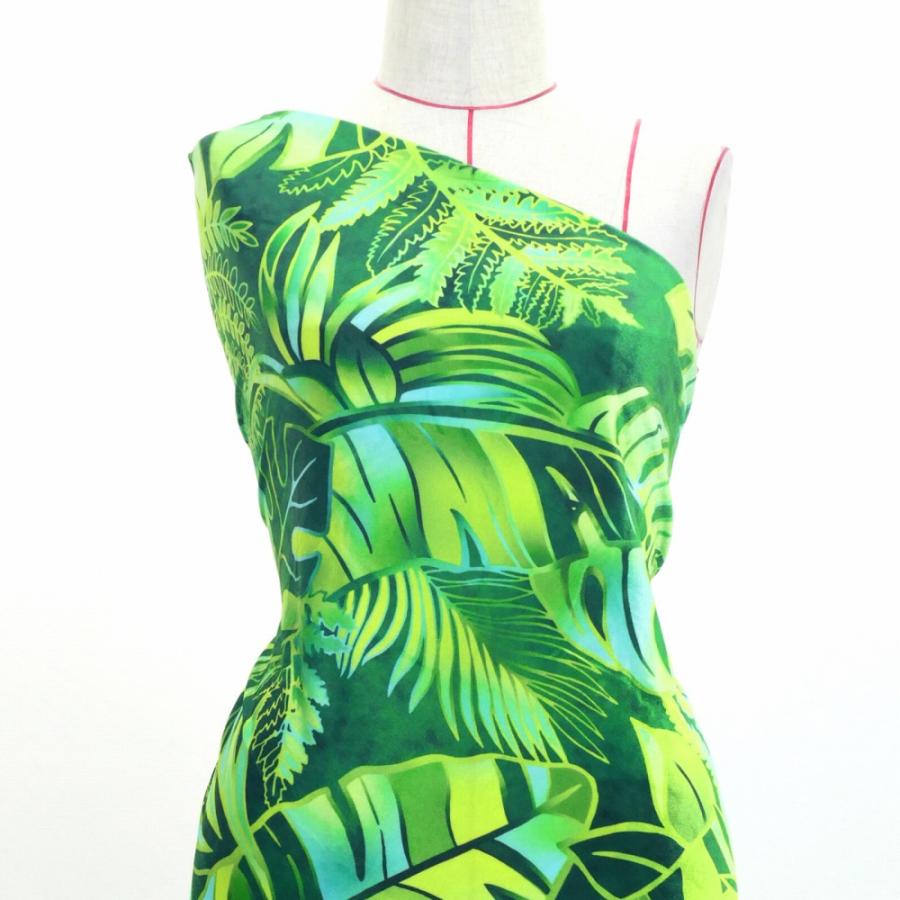 ハワイアン生地 ハワイアンリーフ柄 コシボ・シャンタン・ストレッチベロア選べる生地 ダークグリーン KH-682-DGR 3-5営業日後発送 | 