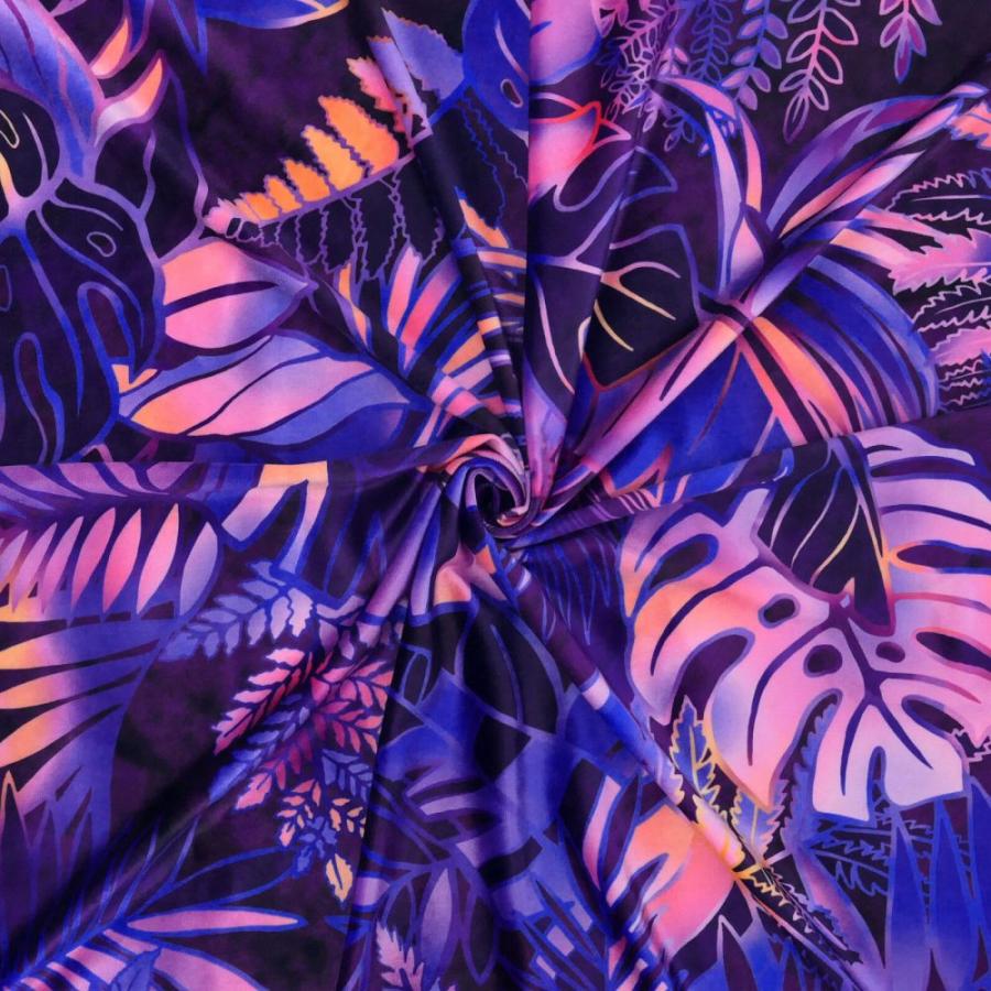 ハワイアン生地 ハワイアンリーフ柄 コシボ・シャンタン・ストレッチベロア選べる生地 パープル KH-682-PU 3-5営業日後発送 |  | 07