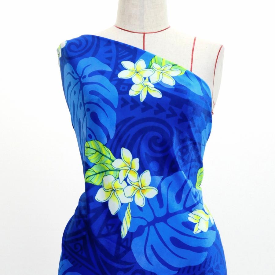 ハワイアン生地 カヒコ＆プルメリア柄 コシボ・シャンタン・ストレッチベロア選べる生地 ブルー KH-686-BL 3-5営業日後発送 | 