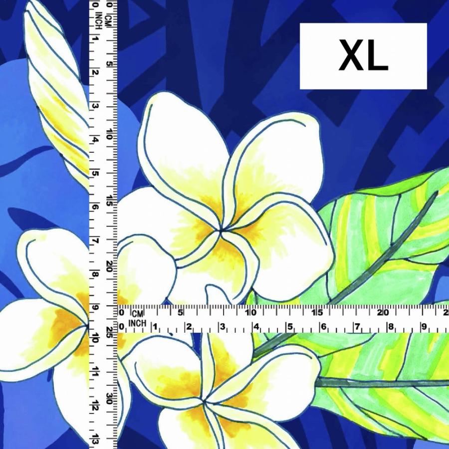 ハワイアン生地 カヒコ＆プルメリア柄 コシボ・シャンタン・ストレッチベロア選べる生地 ブルー KH-686-BL 3-5営業日後発送 |  | 05