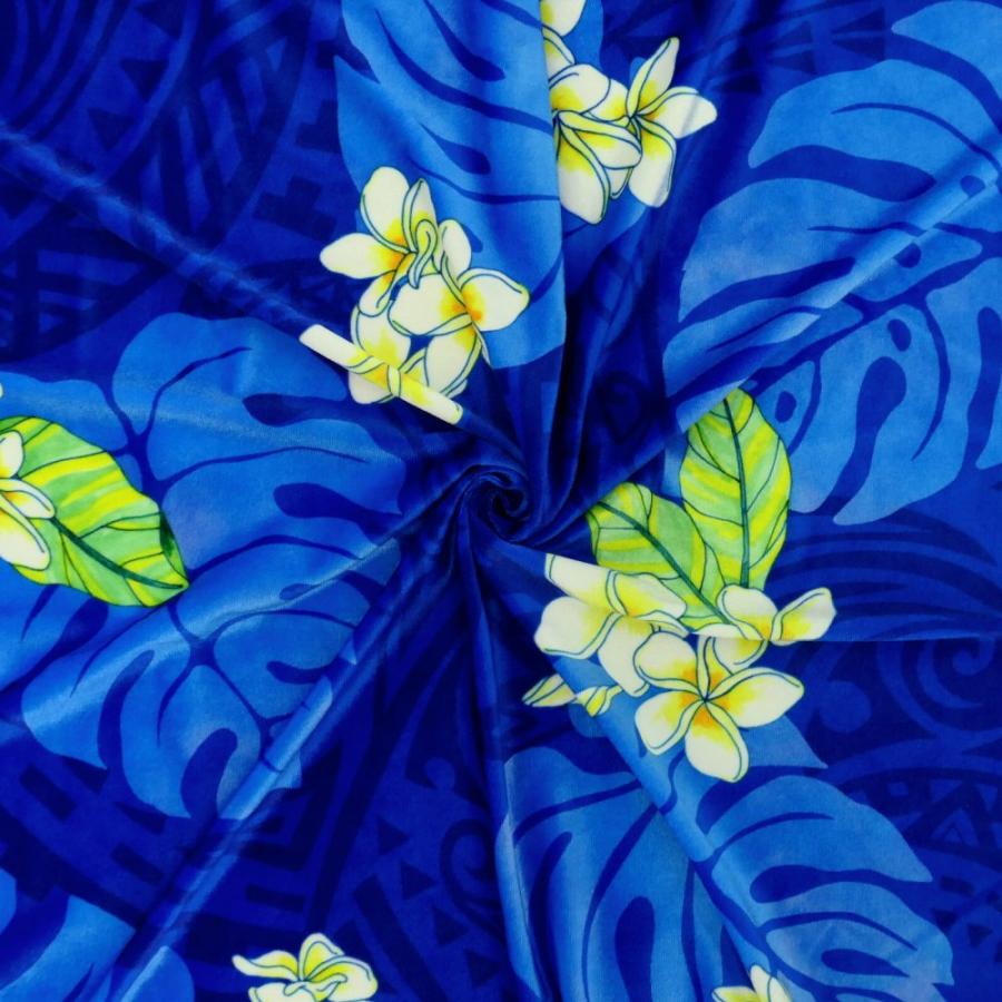 ハワイアン生地 カヒコ＆プルメリア柄 コシボ・シャンタン・ストレッチベロア選べる生地 ブルー KH-686-BL 3-5営業日後発送 |  | 07