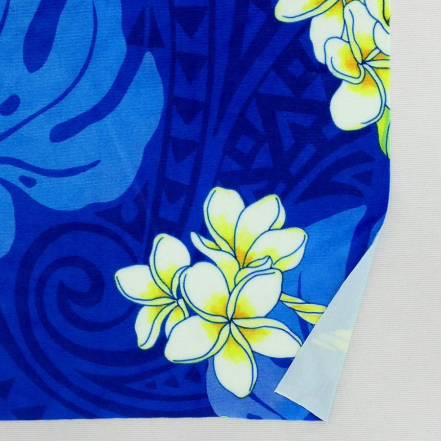 ハワイアン生地 カヒコ＆プルメリア柄 コシボ・シャンタン・ストレッチベロア選べる生地 ブルー KH-686-BL 3-5営業日後発送 |  | 08