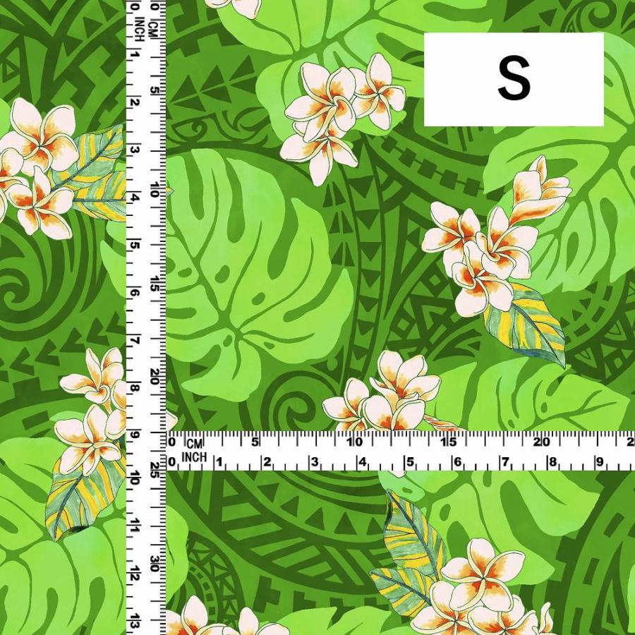 ハワイアン生地 カヒコ＆プルメリア柄 コシボ・シャンタン・ストレッチベロア選べる生地 グリーン KH-686-GR 3-5営業日後発送 |  | 02