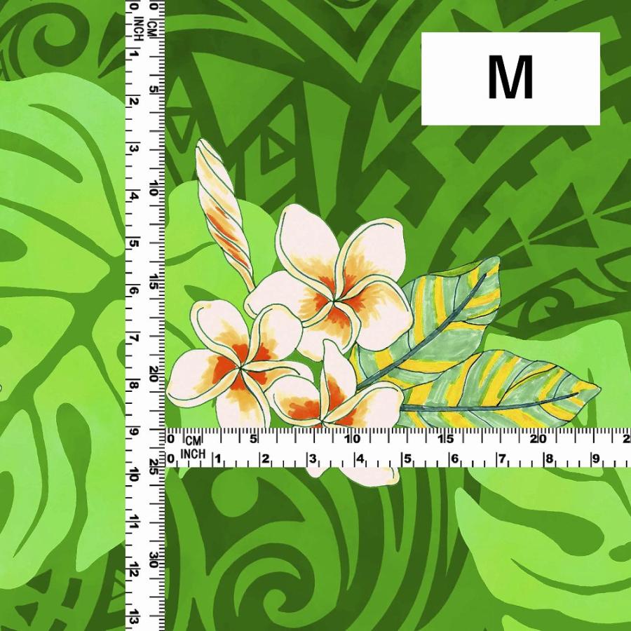 ハワイアン生地 カヒコ＆プルメリア柄 コシボ・シャンタン・ストレッチベロア選べる生地 グリーン KH-686-GR 3-5営業日後発送 |  | 03