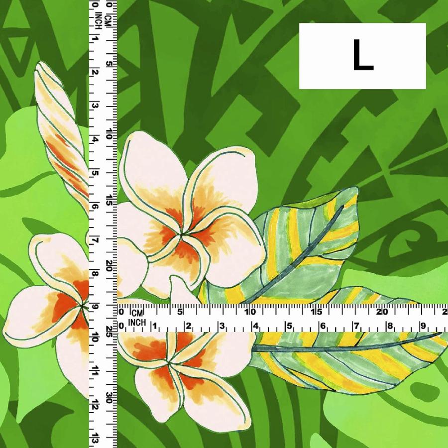 ハワイアン生地 カヒコ＆プルメリア柄 コシボ・シャンタン・ストレッチベロア選べる生地 グリーン KH-686-GR 3-5営業日後発送 |  | 04