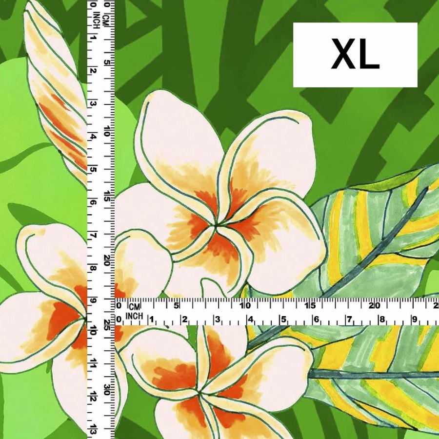 ハワイアン生地 カヒコ＆プルメリア柄 コシボ・シャンタン・ストレッチベロア選べる生地 グリーン KH-686-GR 3-5営業日後発送 |  | 05