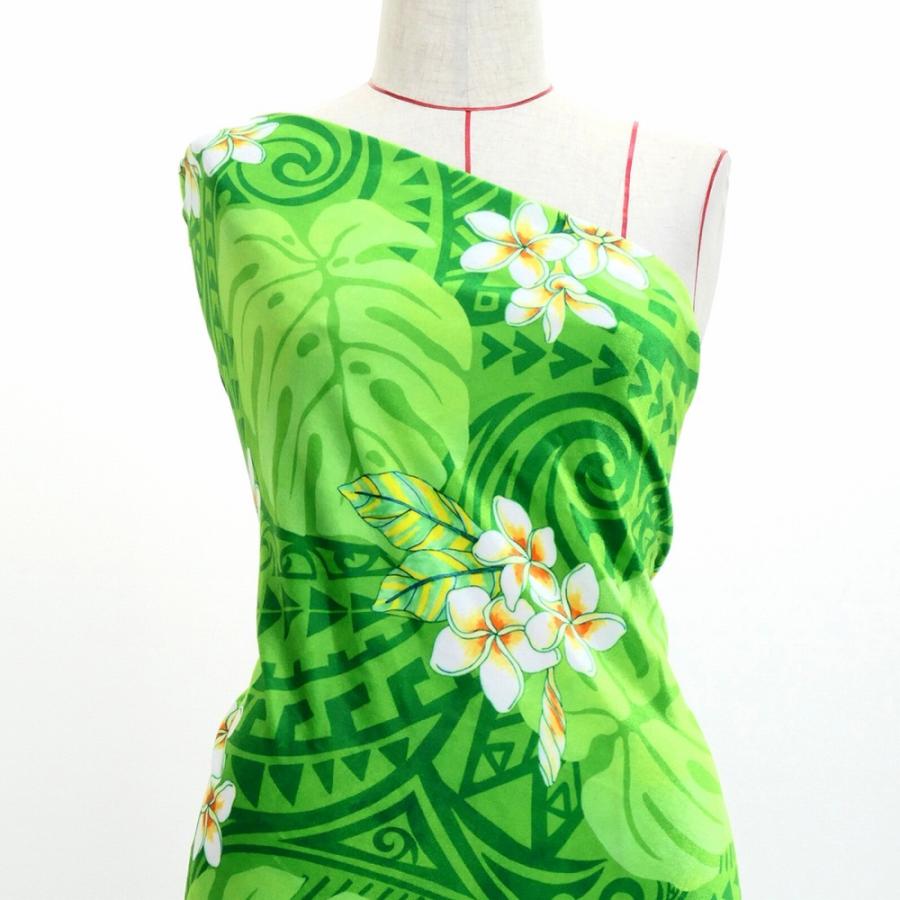ハワイアン生地 カヒコ＆プルメリア柄 コシボ・シャンタン・ストレッチベロア選べる生地 グリーン KH-686-GR 3-5営業日後発送 |  | 06