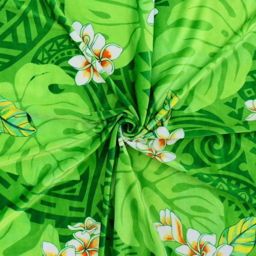 ハワイアン生地 カヒコ＆プルメリア柄 コシボ・シャンタン・ストレッチベロア選べる生地 グリーン KH-686-GR 3-5営業日後発送 |  | 07