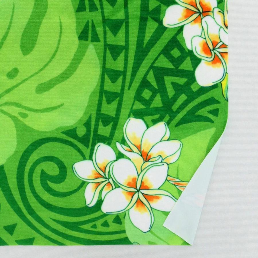 ハワイアン生地 カヒコ＆プルメリア柄 コシボ・シャンタン・ストレッチベロア選べる生地 グリーン KH-686-GR 3-5営業日後発送 |  | 08