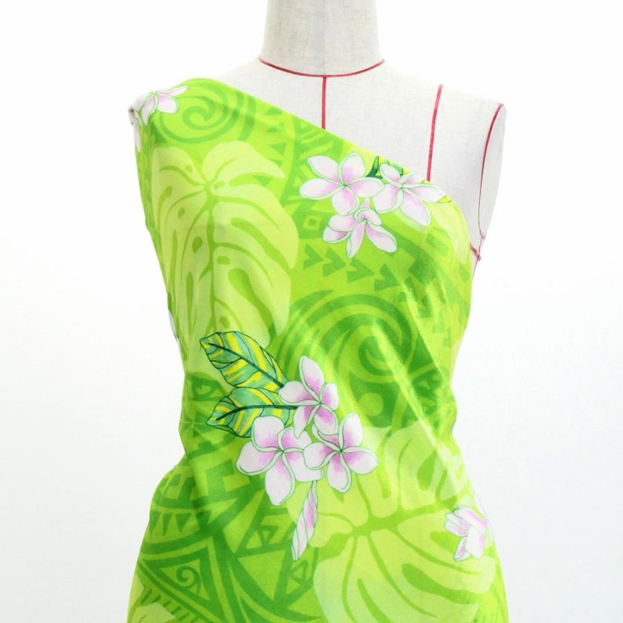 ハワイアン生地 カヒコ＆プルメリア柄 コシボ・シャンタン・ストレッチベロア選べる生地 ライトグリーン KH-686-LGR 3-5営業日後発送 | 