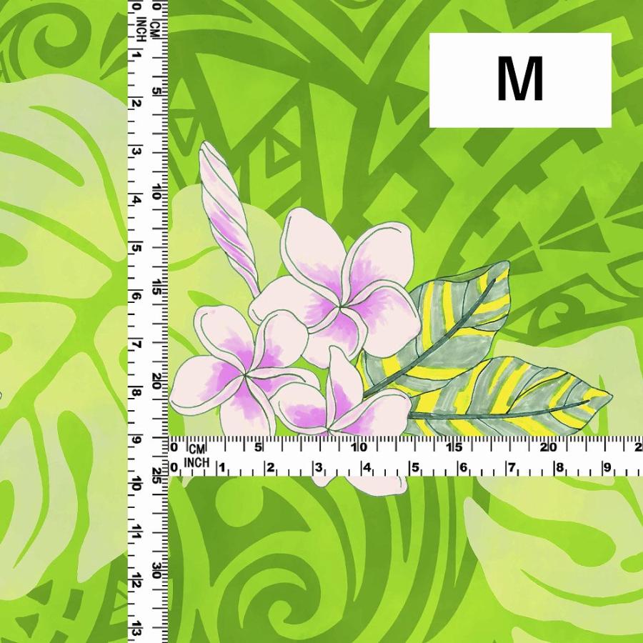 ハワイアン生地 カヒコ＆プルメリア柄 コシボ・シャンタン・ストレッチベロア選べる生地 ライトグリーン KH-686-LGR 3-5営業日後発送 |  | 03