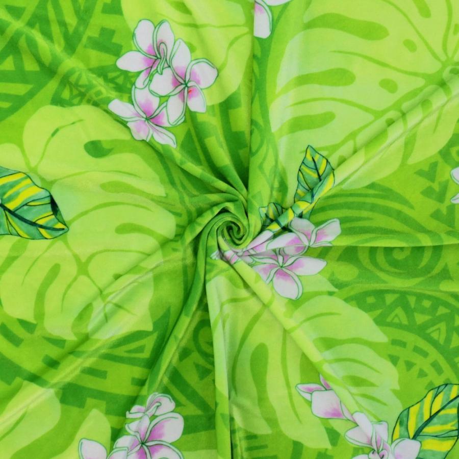 ハワイアン生地 カヒコ＆プルメリア柄 コシボ・シャンタン・ストレッチベロア選べる生地 ライトグリーン KH-686-LGR 3-5営業日後発送 |  | 07