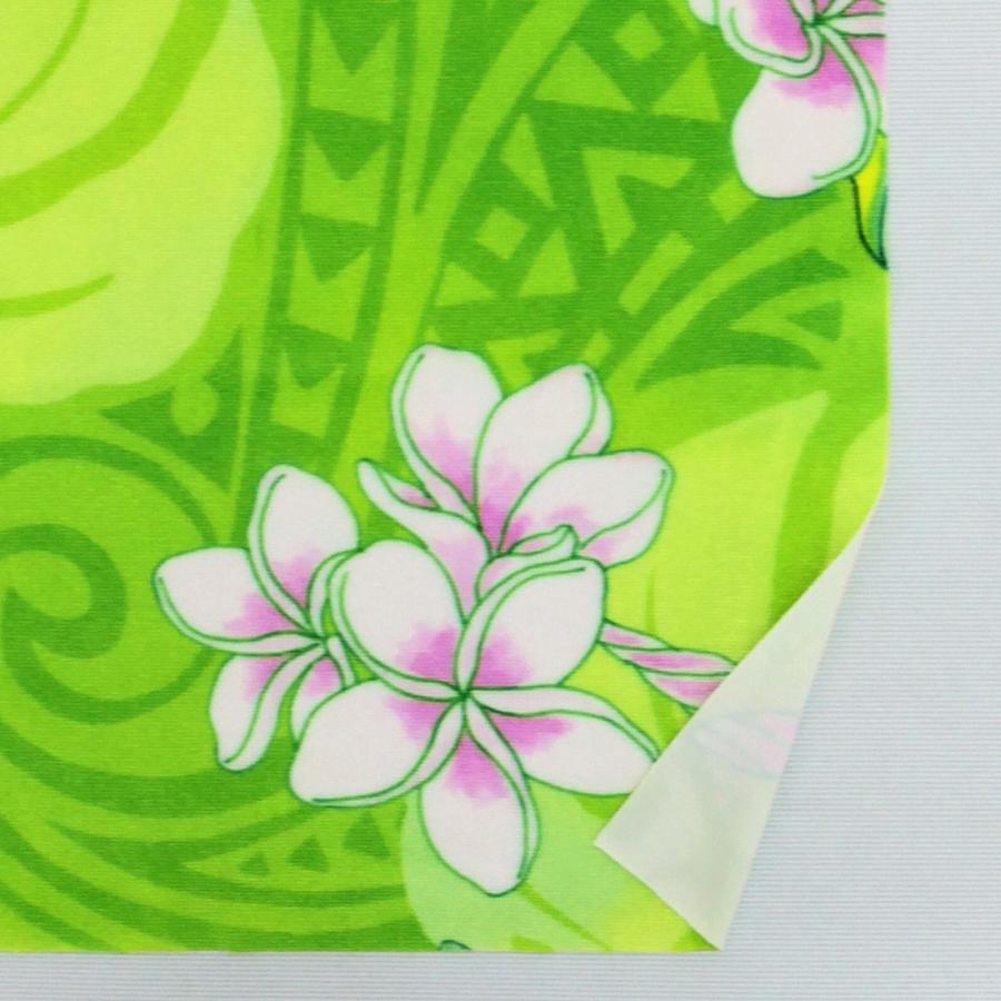 ハワイアン生地 カヒコ＆プルメリア柄 コシボ・シャンタン・ストレッチベロア選べる生地 ライトグリーン KH-686-LGR 3-5営業日後発送 |  | 08