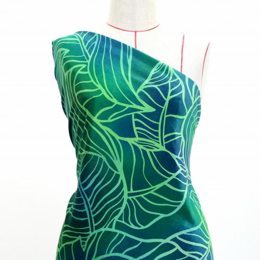 ハワイアン生地 バナナリーフ柄 コシボ・シャンタン・ストレッチベロア選べる生地グリーン KH-692-GR 3-5営業日後発送 | 