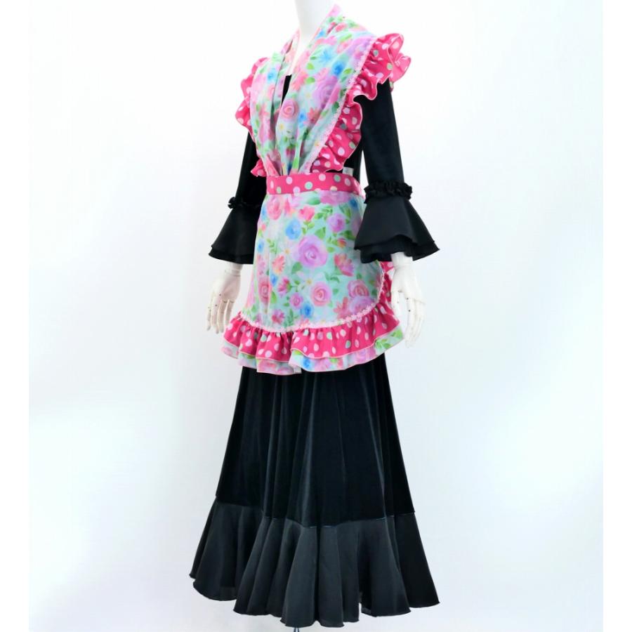 フラメンコ 衣装 エプロン ピキージョ 花柄 ピンクポンポン フラメンコ ピキージョ・エプロンセット 水彩風花柄 ライトブルー