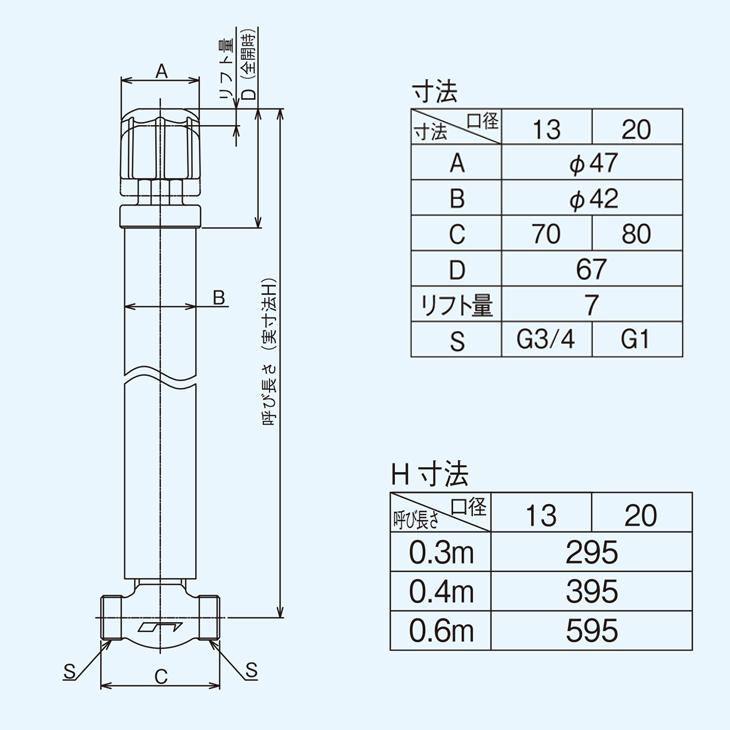 不凍 水抜栓 MVのみ 20mm H400 水抜き栓 寒冷地 凍結防止 水栓柱 立水