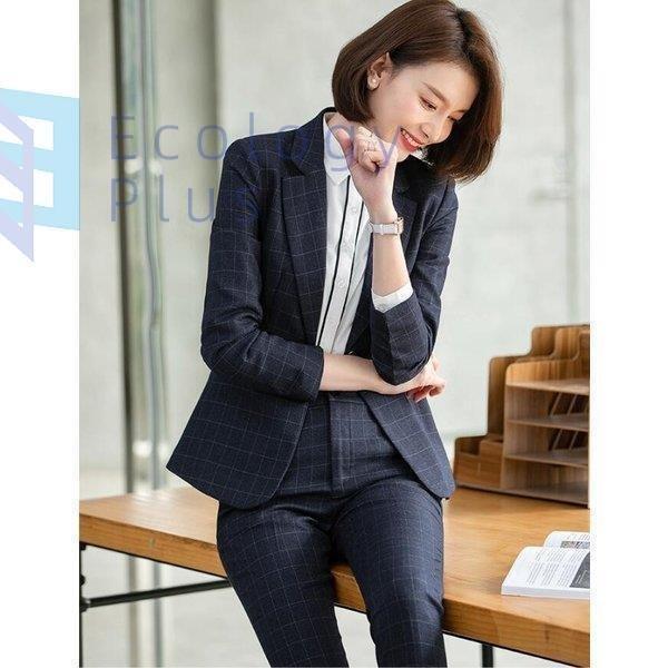レディース用チェック柄スーツセット 通勤定番フォマールスーツ フォーマルリクルートスーツ レディース オフィスパンツスーツ スカートスーツ 二枚 4年保証