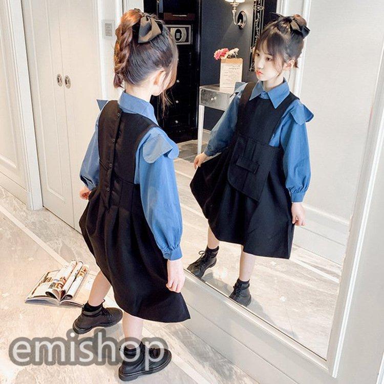 激安特価 春秋 長袖 女の子 キッズ セットアップ 子供服 2点セット 通学着 おしゃれ 可愛い カジュアル サロペット ワンピース 無地 シャツ ジュニア 韓国子供服 ワンピース チュニック Size 140 Dron Ma