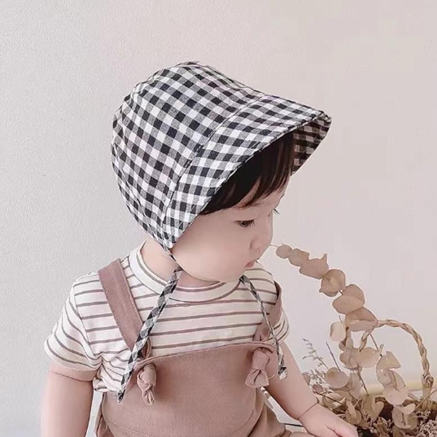 帽子 ベビー 子供 ボンネット チェック 男の子 女の子 ハット あご紐