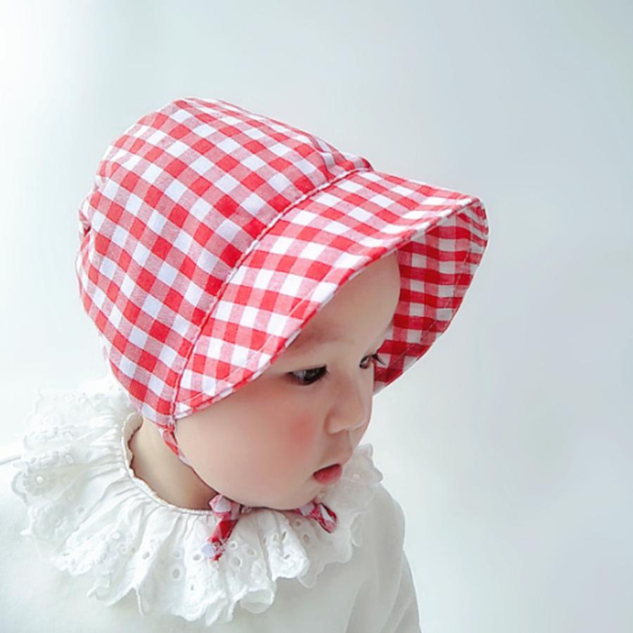帽子 ベビー 子供 ボンネット チェック 男の子 女の子 ハット あご紐