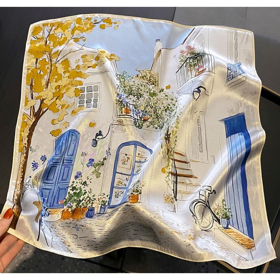 送料無料 エレガントなプリント柄入り100％シルクプチスカーフ　　04523 | 