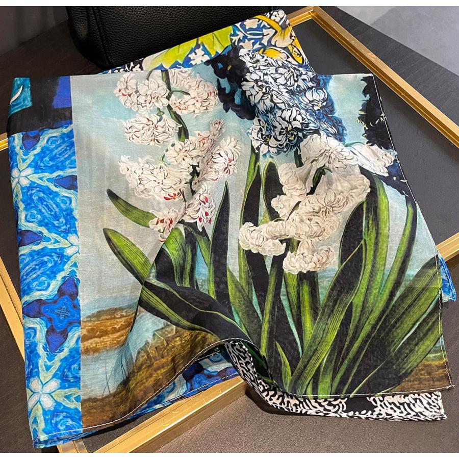 送料無料 男女兼用 大判正方形 シルクコットン混 ボタニカル フラワー柄 スカーフ 　05546 | 