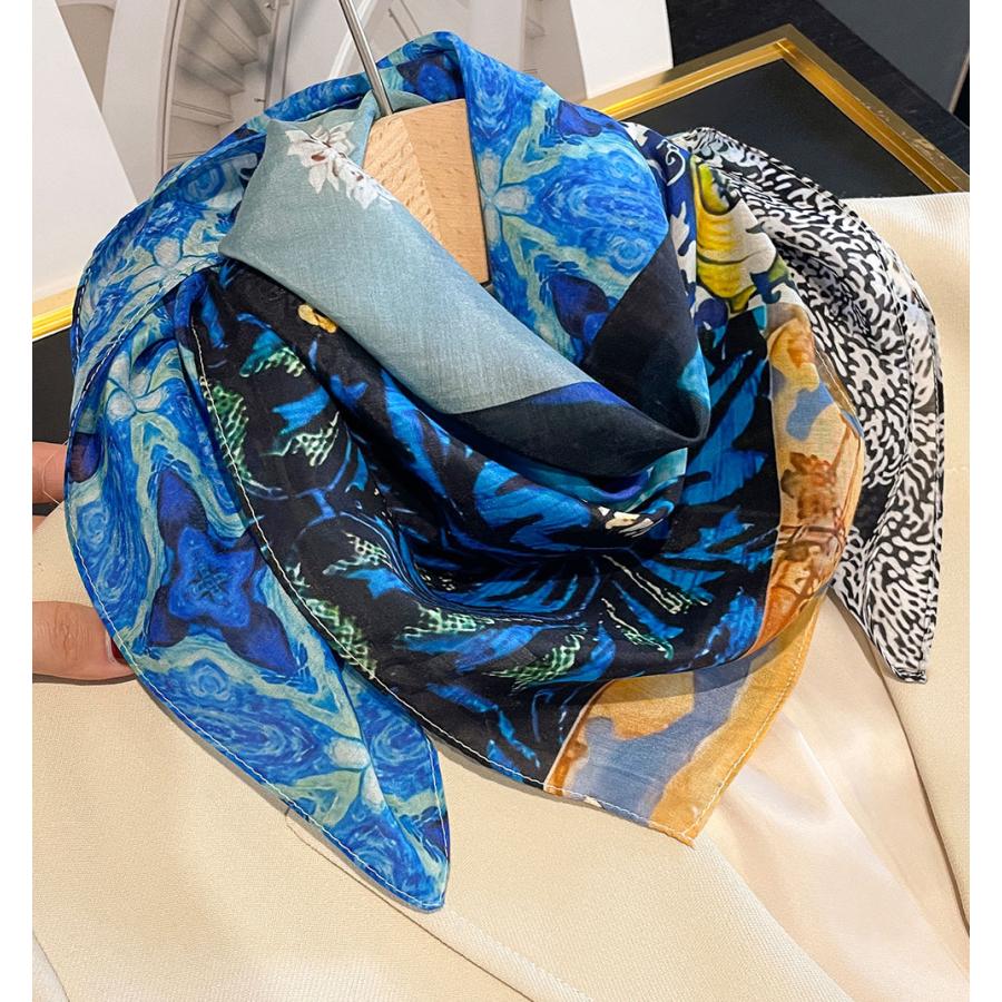 送料無料 男女兼用 大判正方形 シルクコットン混 ボタニカル フラワー柄 スカーフ 　05546 |  | 03