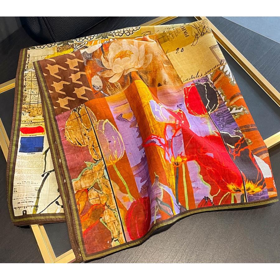 送料無料 男女兼用 大判正方形 シルクコットン混 ボタニカル 幾何学柄 スカーフ 　05547 | 