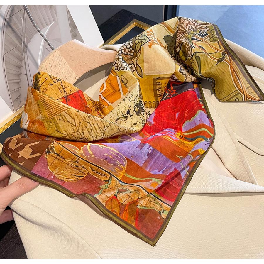 送料無料 男女兼用 大判正方形 シルクコットン混 ボタニカル 幾何学柄 スカーフ 　05547 |  | 01