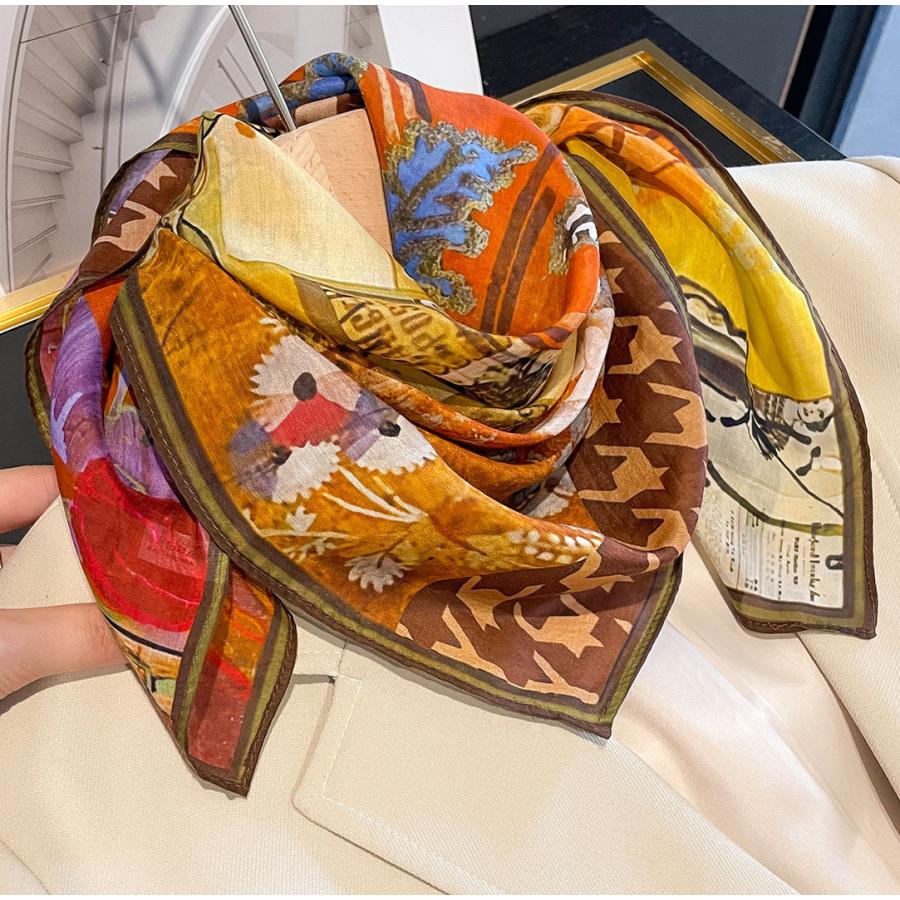 送料無料 男女兼用 大判正方形 シルクコットン混 ボタニカル 幾何学柄 スカーフ 　05547 |  | 03