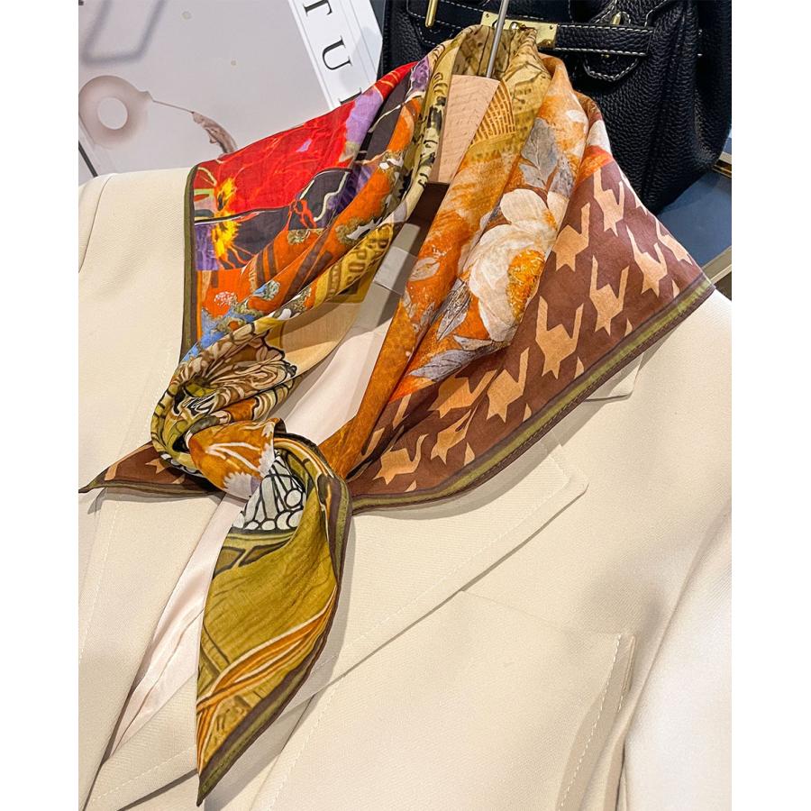 送料無料 男女兼用 大判正方形 シルクコットン混 ボタニカル 幾何学柄 スカーフ 　05547 |  | 04